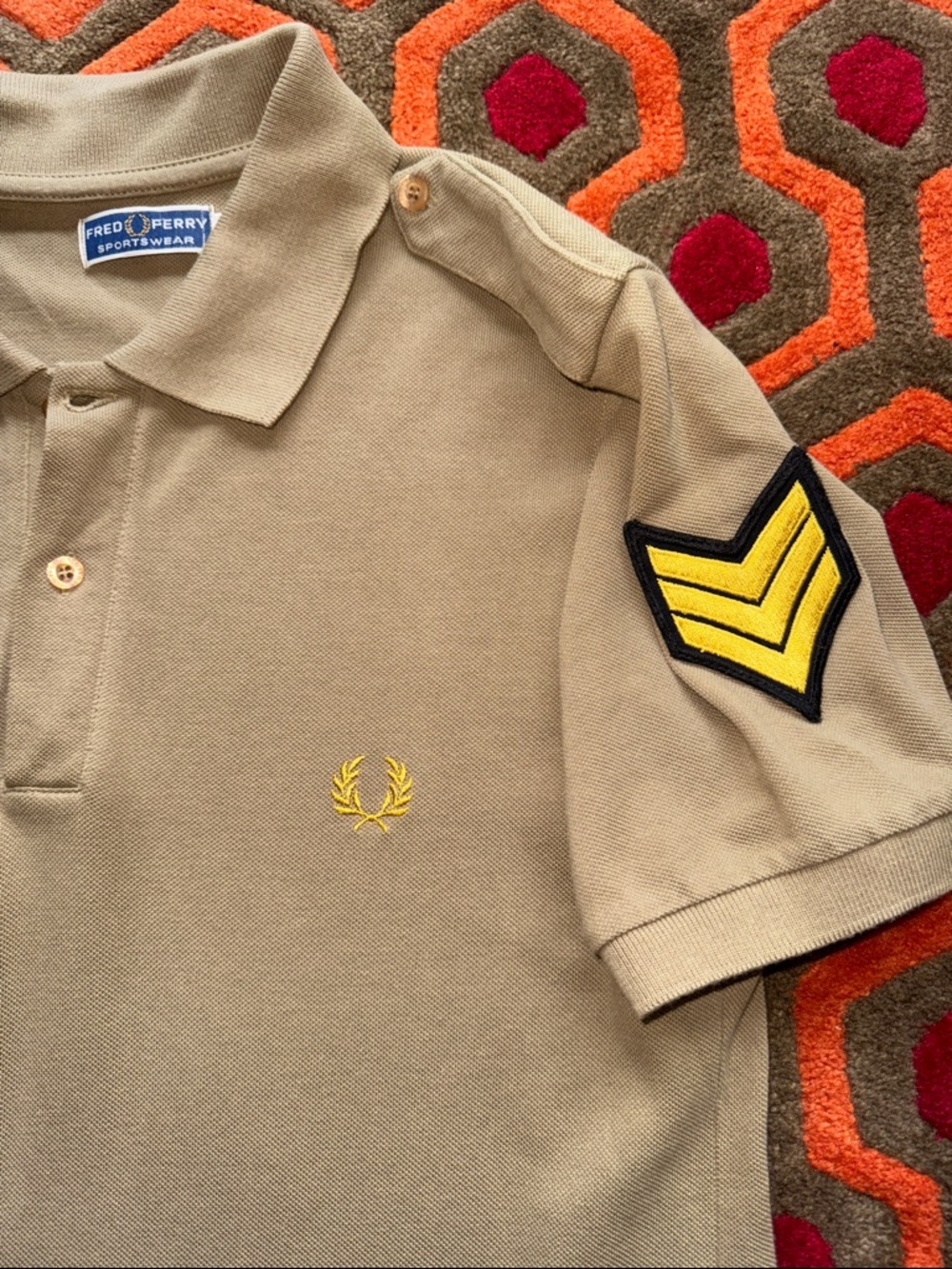 MAKE OFFER! Fred Perry Men’s Polo Shirt Yellow Laurel & Shoulder Military Patch